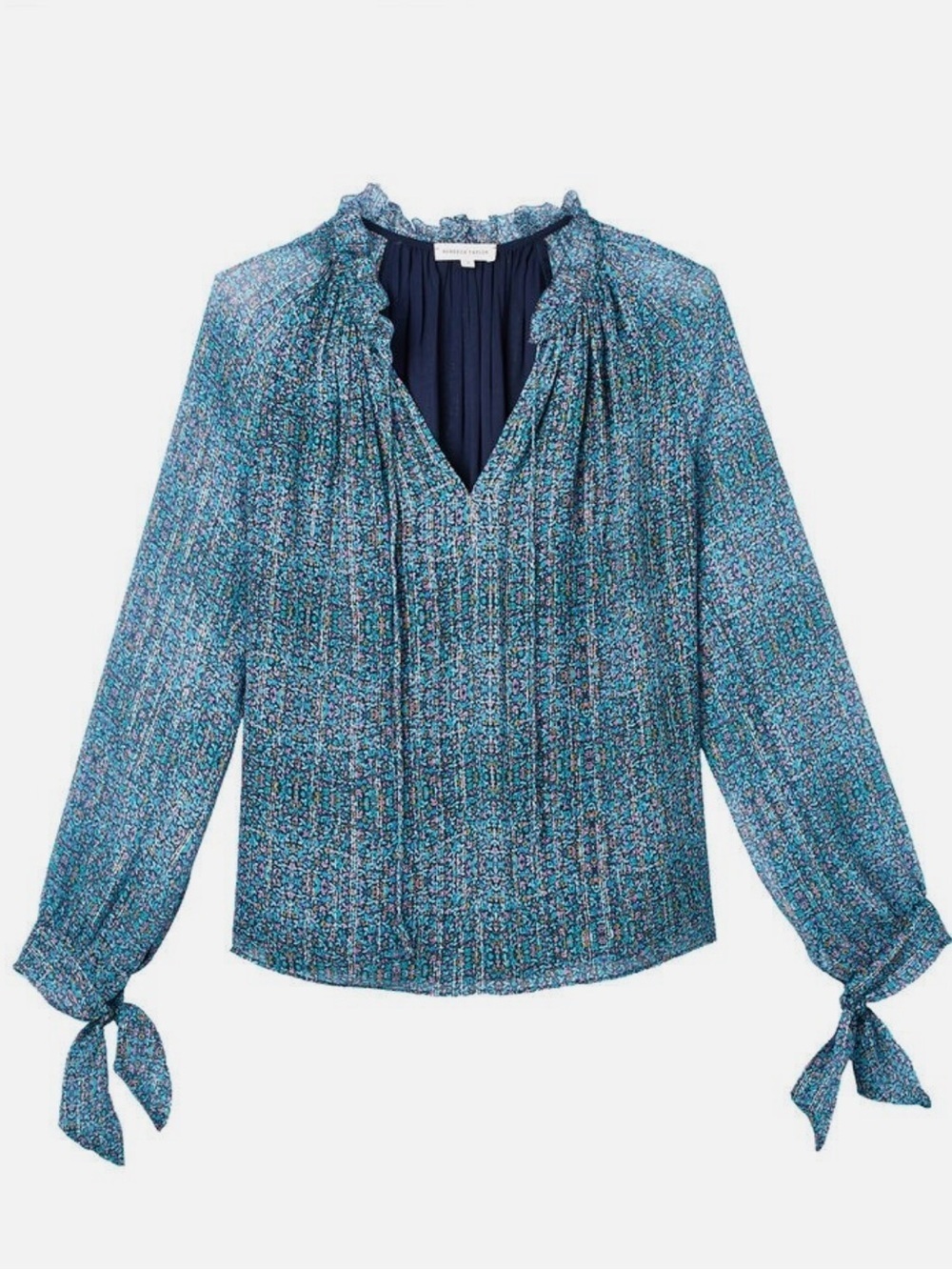 Rebecca Taylor Silk Floral Blouse Blue Turquoise Metallic Tie Neck Long Sleeve S